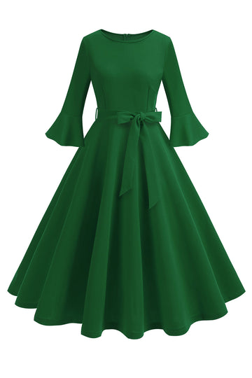 Verde escuro pescoço redondo plissado mangas longas 1950s vestido vintage